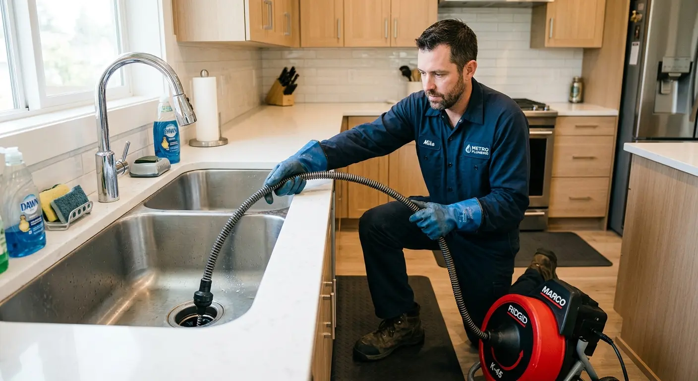 Drain cleaning technician using a motorized snake on a kitchen sink in Tabernacle