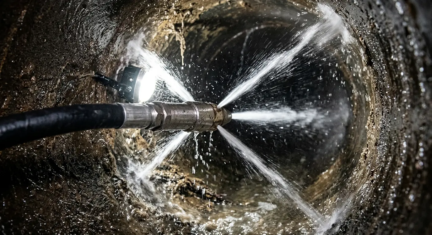 High-pressure hydro jetting nozzle cleaning sewer pipe for Sewer Line Relining in Tabernacle