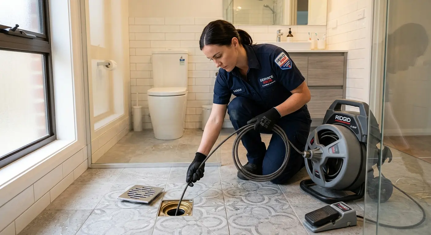 Technician clearing a bathroom floor drain for Sewer Line Installation in Tabernacle